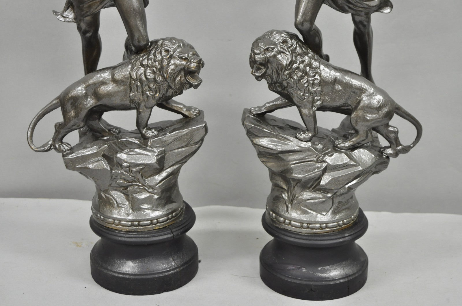 Antique French Renaissance "Le Force & Le Pouvoir" Spelter Metal Sculpture Pair