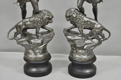 Antique French Renaissance "Le Force & Le Pouvoir" Spelter Metal Sculpture Pair