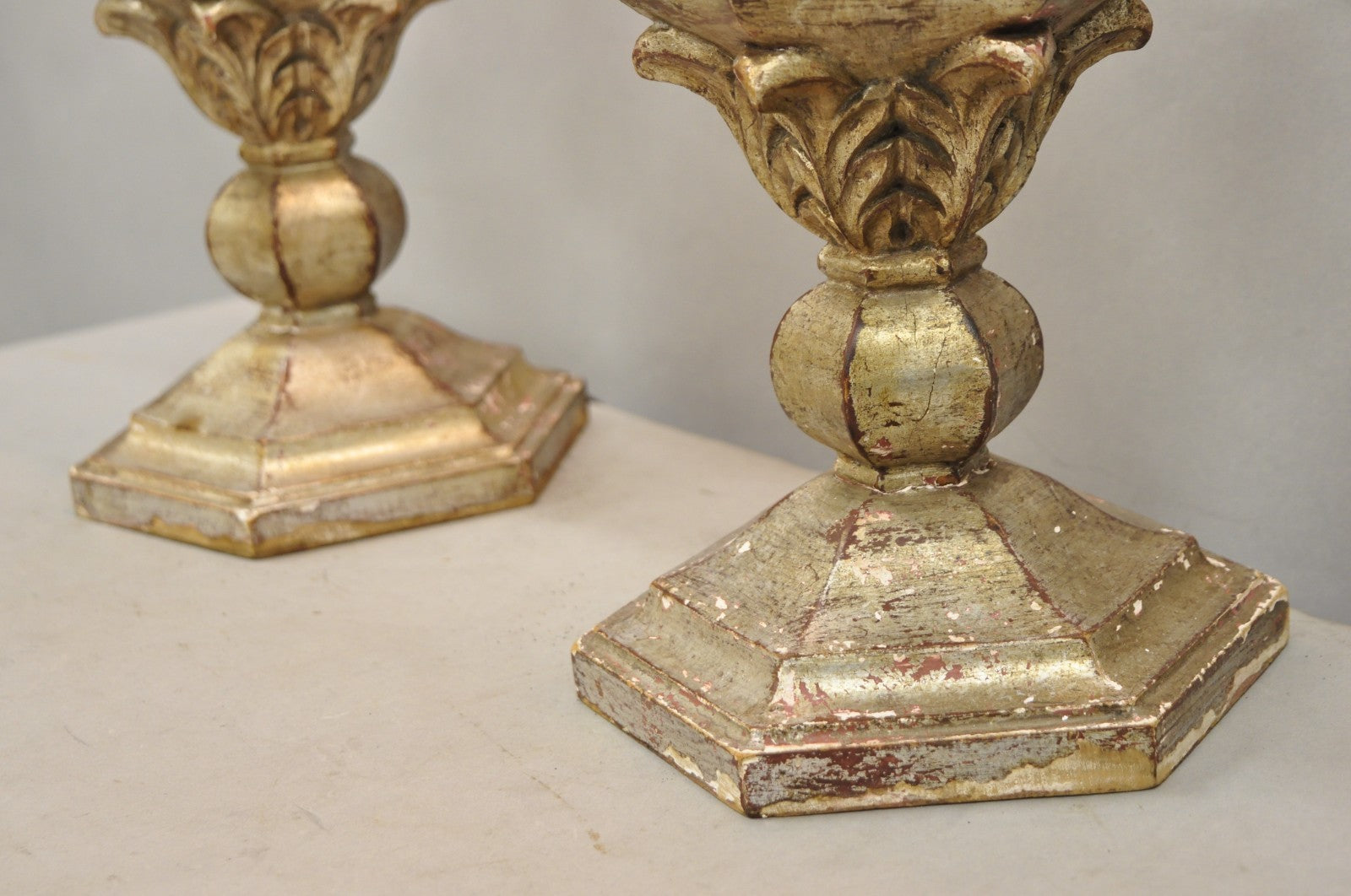 Italian Hollywood Regency Silver Carved Giltwood Candlestick Table Lamps a Pair