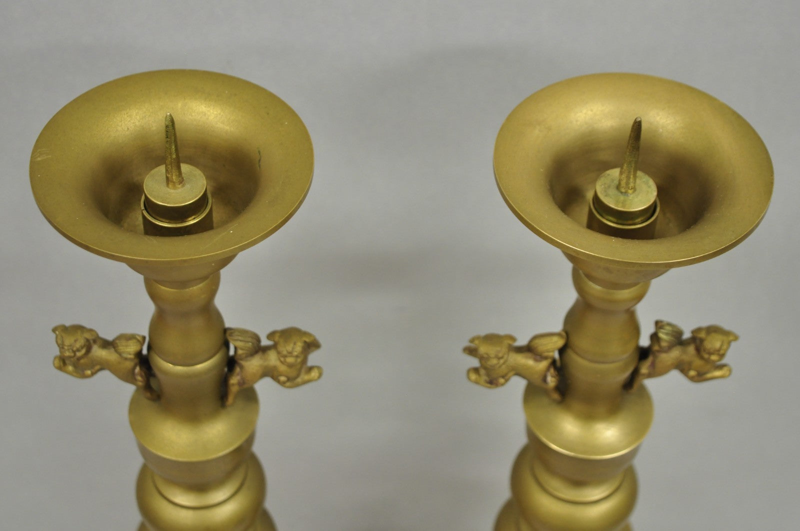 Vintage Oriental Foo Dog Stacked Brass Pricket Chinese 20" Candlesticks - a Pair