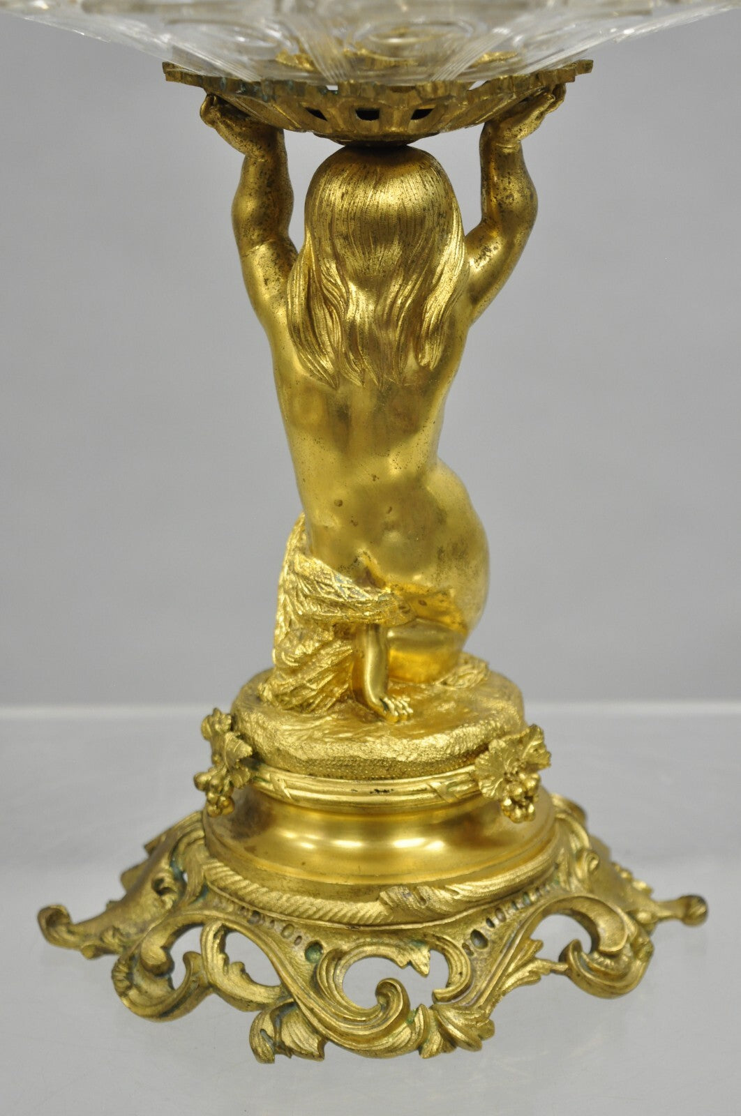 French Baroque Louis XV Gold Gilt Bronze Cherub & Glass 2 Tier Candy Dish Stand