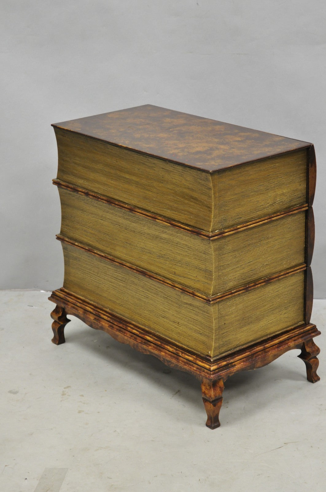 Decorator 3 Drawer Stacked Faux Book Form Italian Side Table w/ Oil Drop Finish