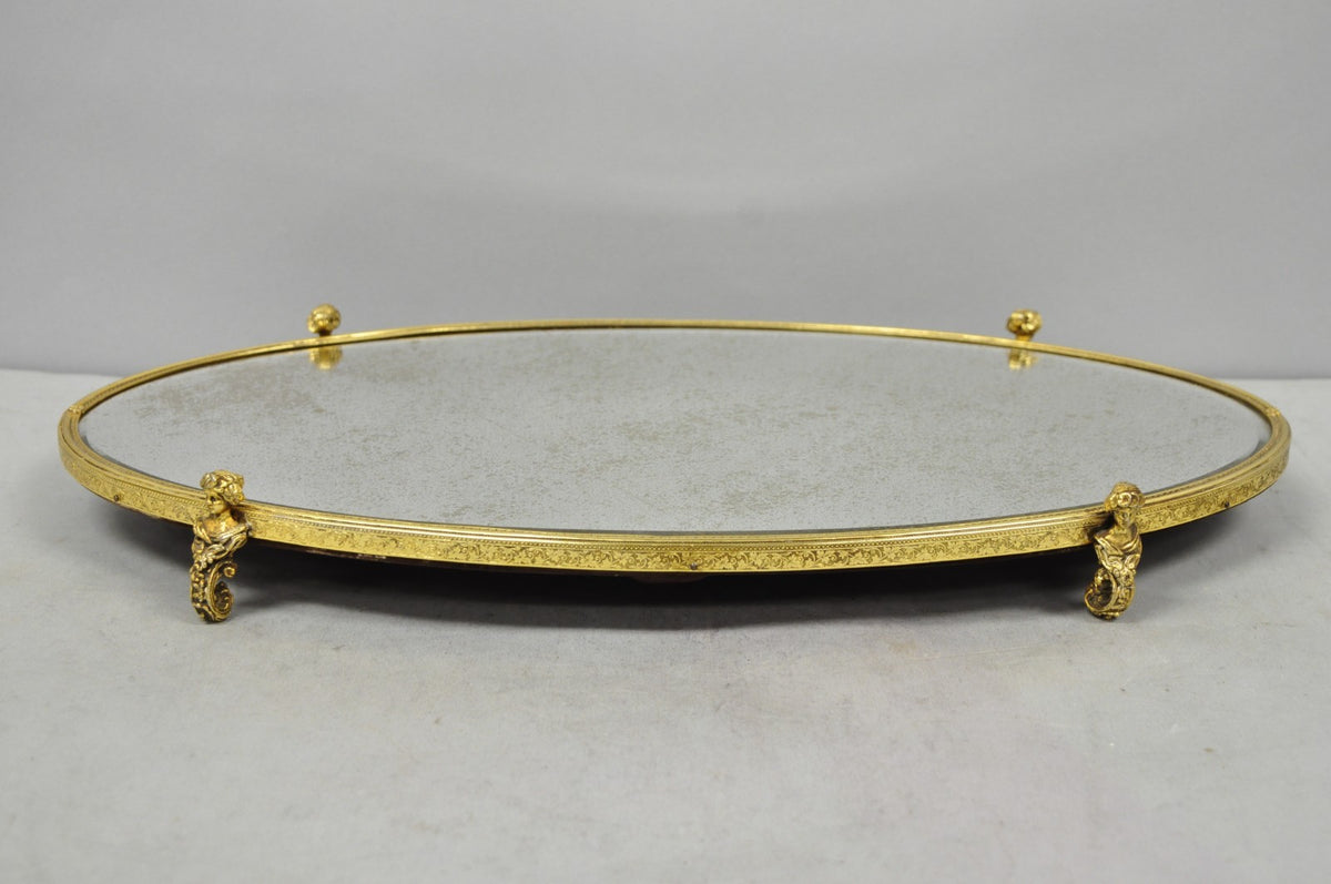 Vintage Hollywood Regency Gold Maiden Bust Oval Beveled Glass Mirror Vanity Tray