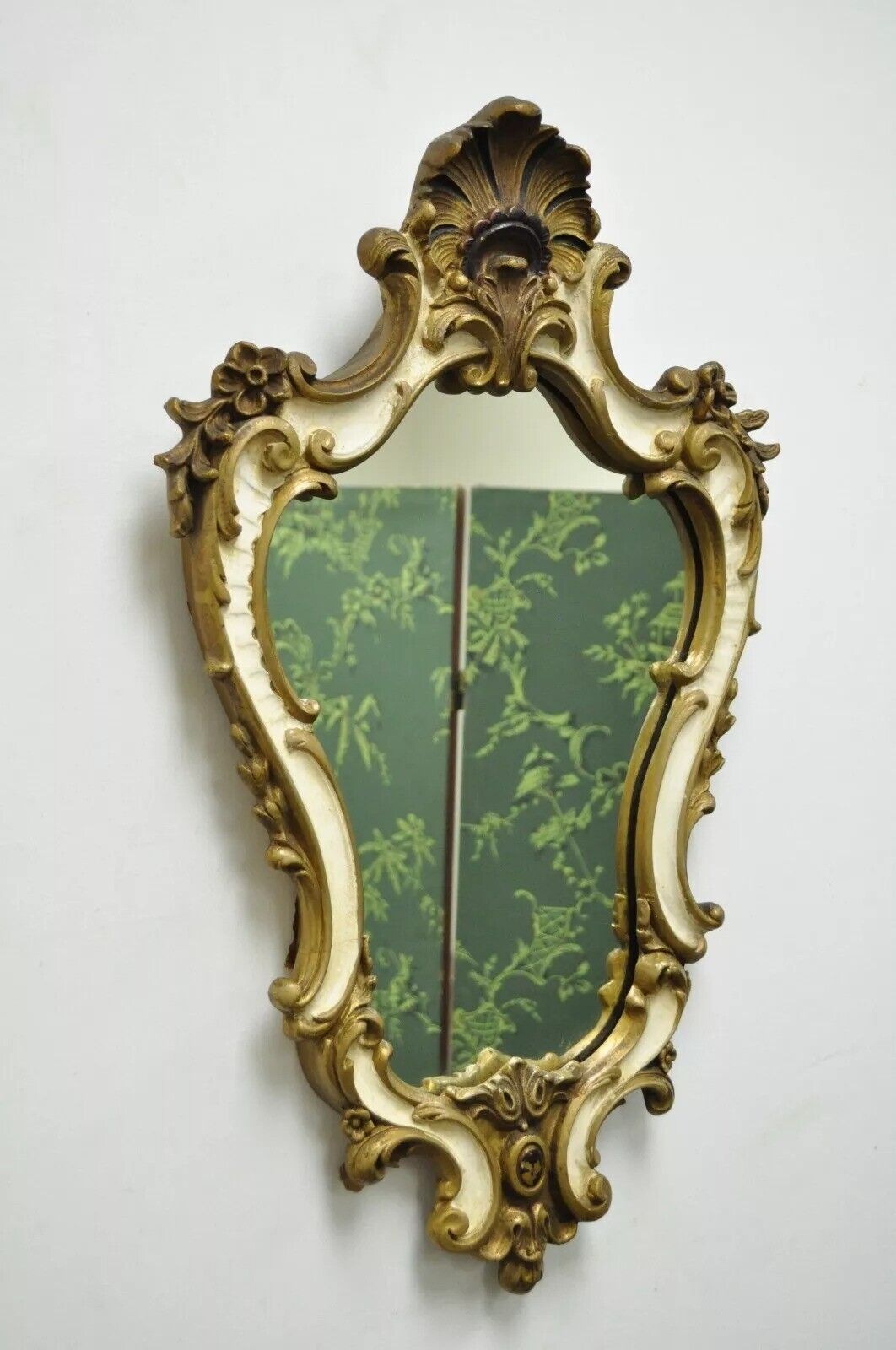 Vintage Italian Rococo Style Gold Giltwood White Shell Carved Wall Mirror