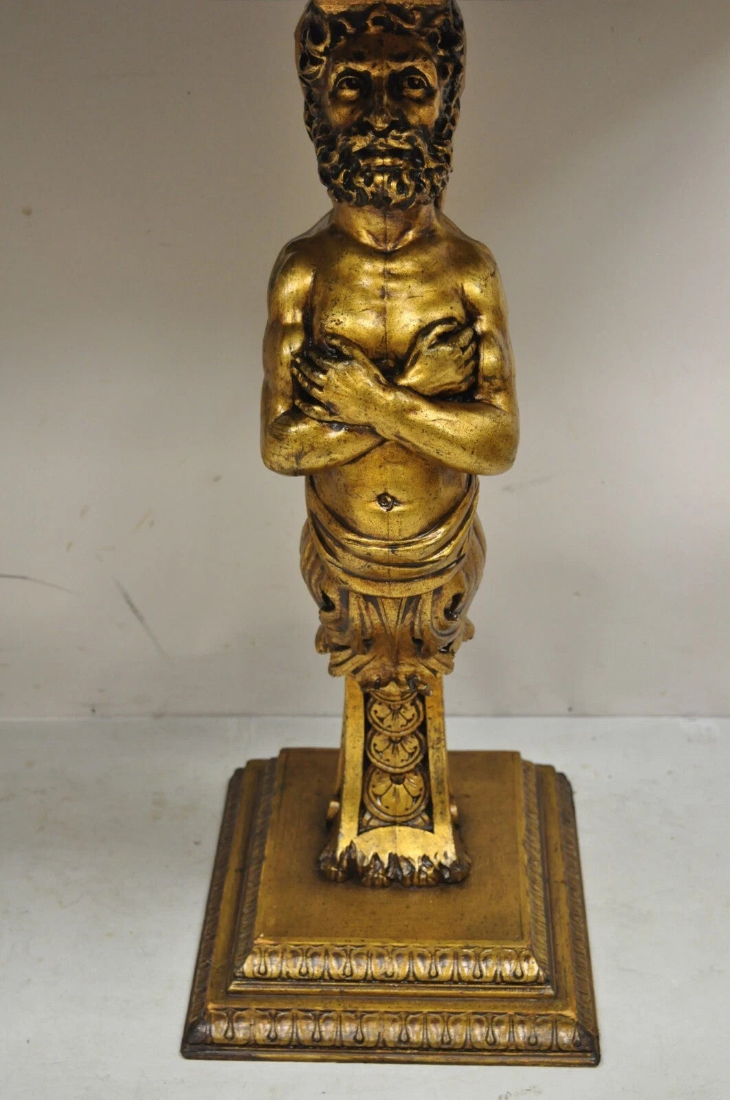 Vintage French Renaissance Victorian Style Gold Figural Marble Top Console Table