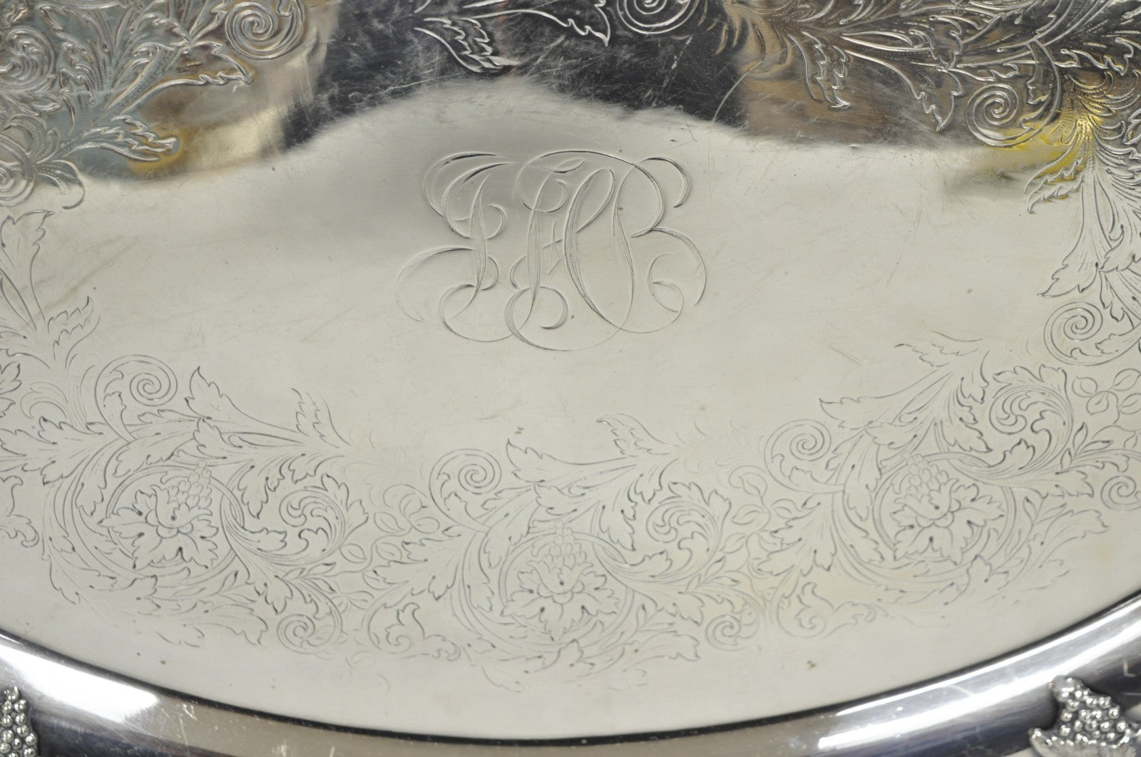 Antique English Victorian Silver Plated Grapevine Oval Bar Tray w/ Monogram