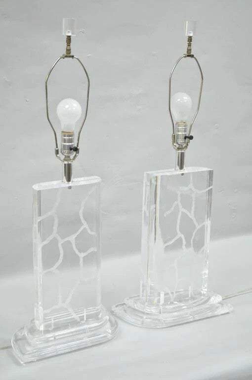 Vintage Mid Century Modern Etched Lucite Sculptural Table Lamps by Van Teal Pair