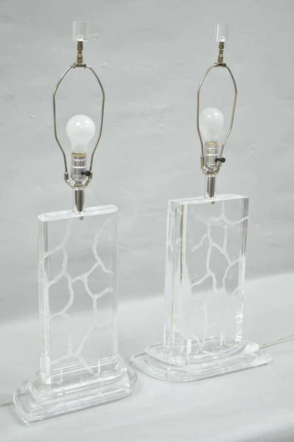 Vintage Mid Century Modern Etched Lucite Sculptural Table Lamps by Van Teal Pair