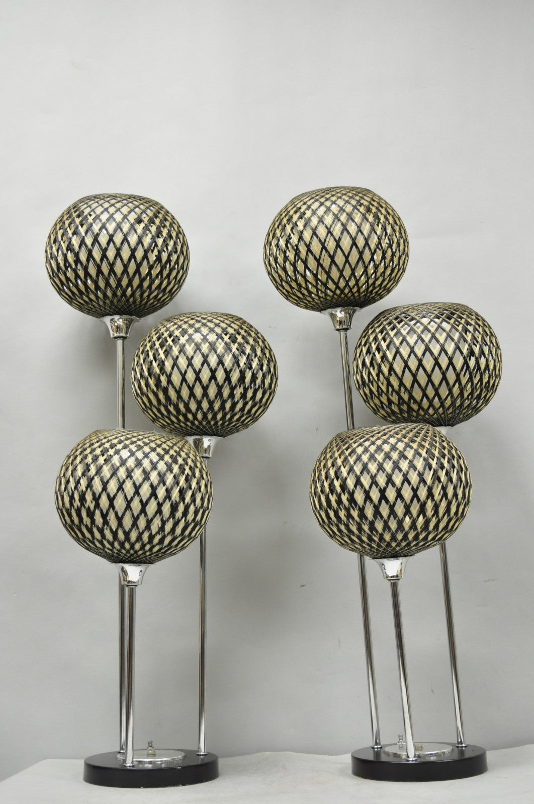 Vintage Mid Century Modern Woven Spun Fiberglass Triple Shade Table Lamp - Pair