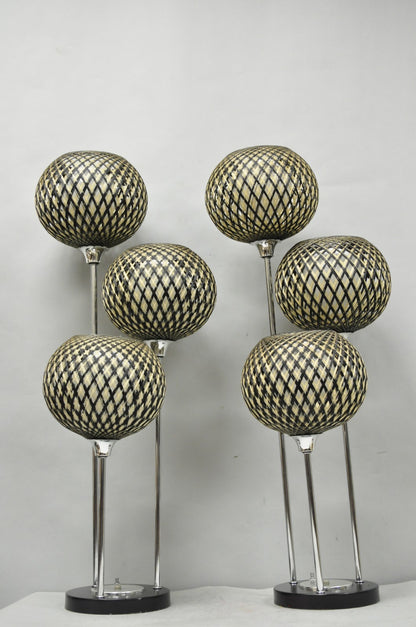 Vintage Mid Century Modern Woven Spun Fiberglass Triple Shade Table Lamp - Pair