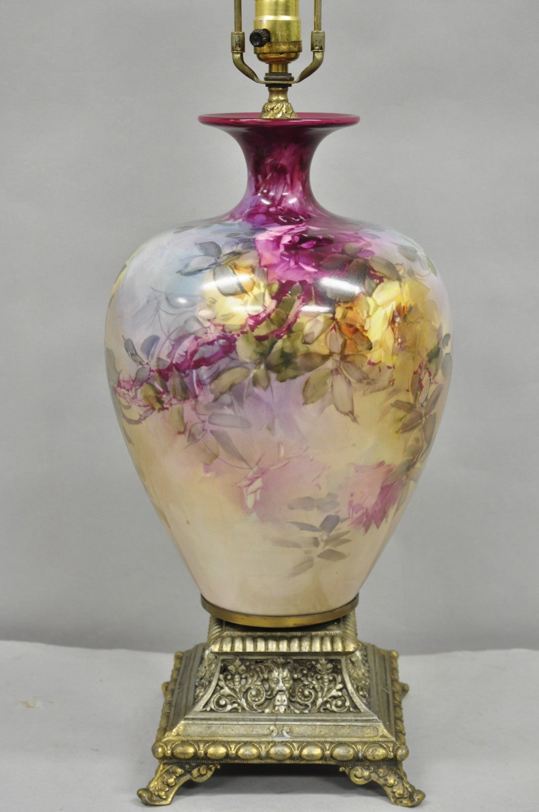 Antique French Paris Porcelain Hand Painted Flowers Bulbous Vase Table Lamp