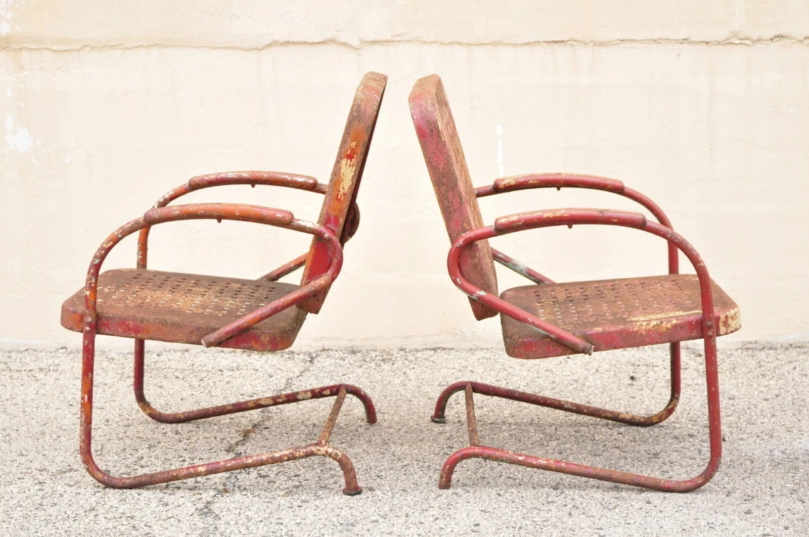 Antique Art Deco Basketweave Red Distress Paint Bouncer Garden Chairs - a Pair