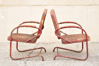 Antique Art Deco Basketweave Red Distress Paint Bouncer Garden Chairs - a Pair