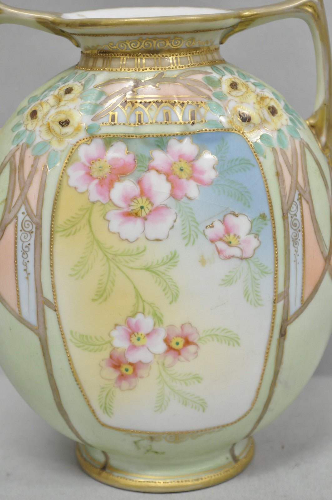 Antique Nippon Art Nouveau Hand Painted Porcelain Pink Flower Twin Handle Vase
