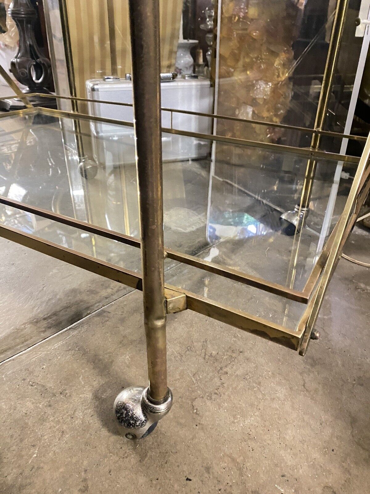 Mid Century Italian Modern 3 Tier Brass & Glass X-Frame Rolling Server Bar Cart