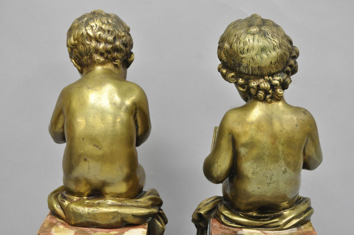Antique French Louis XV Bronze Putti Children "Arts & Literature" Figures - Pair
