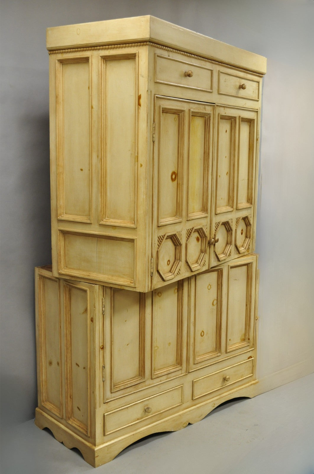 French Country Provincial Distressed Knotty Pine Wood 2 Part Cupboard Cabinet