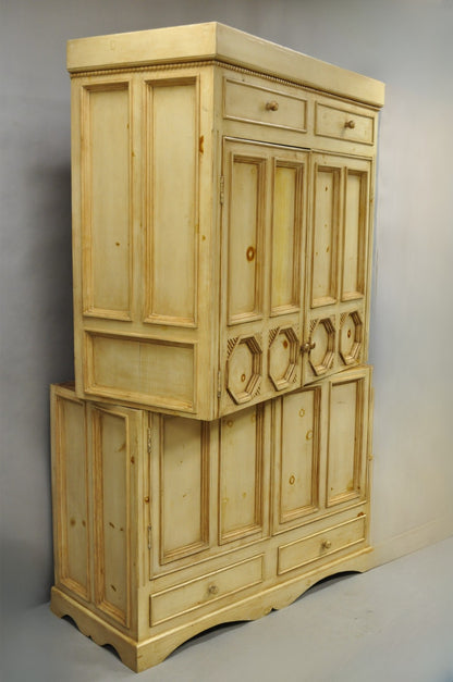 French Country Provincial Distressed Knotty Pine Wood 2 Part Cupboard Cabinet
