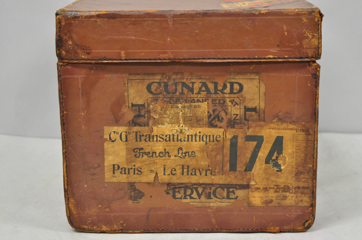 English Art Deco Brown Leather Travel Case Suitcase w/ Cunard Stickers & Top Hat