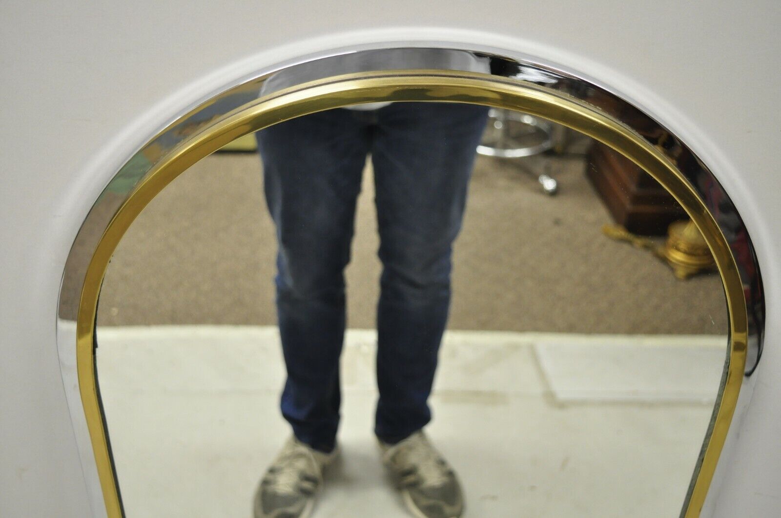Italian Maison Jansen Steel Brass Chrome Arched 48" Console Wall Mirror 