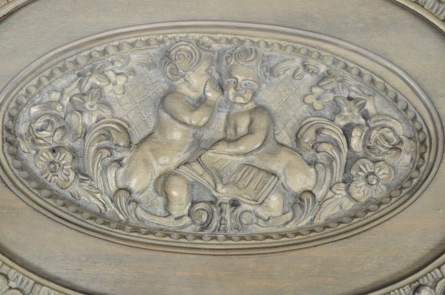 Vintage French Renaissance Walnut Gray Distress Painted Cherub Coffee Table