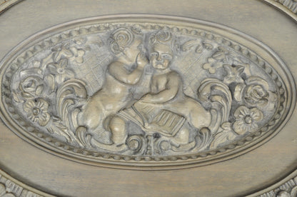 Vintage French Renaissance Walnut Gray Distress Painted Cherub Coffee Table