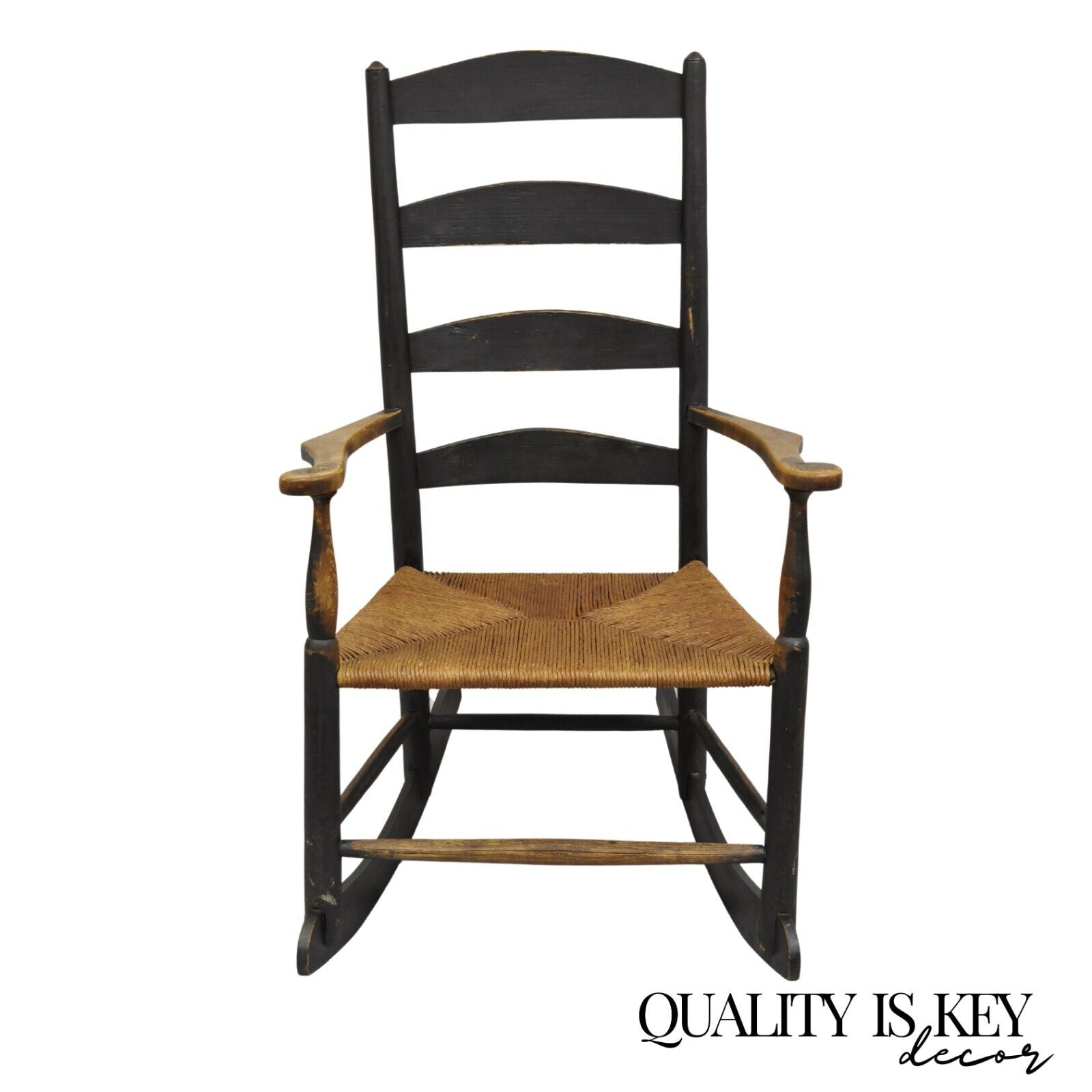 Antique American Primitive Shaker Ebonized Wood Rush Seat Rocker Rocking Chair