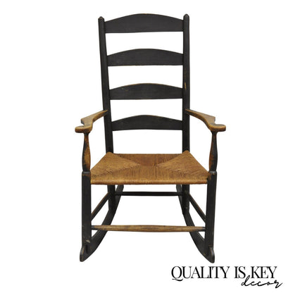 Antique American Primitive Shaker Ebonized Wood Rush Seat Rocker Rocking Chair