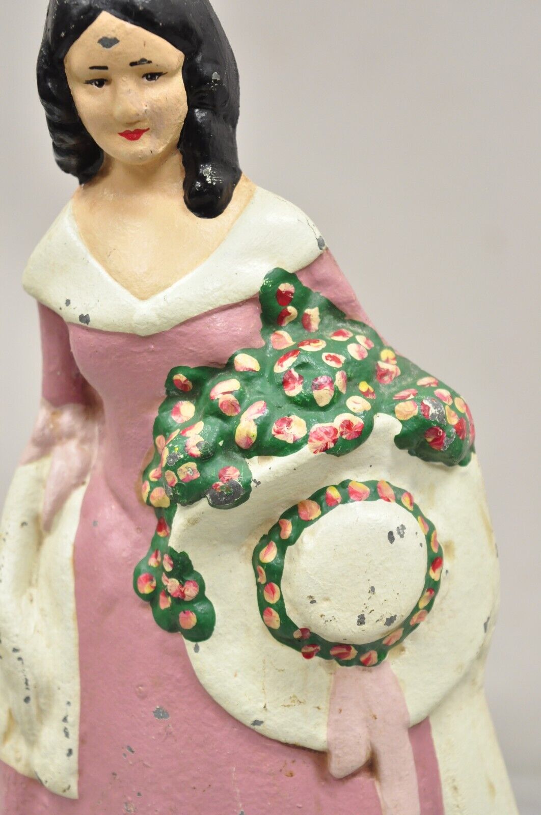 Antique Victorian Tall Cast Iron Painted Figural Woman Pink Dress Door Stop