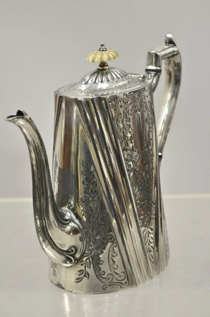 Antique English Edwardian Silver Plated Victorian Floral Engraved Coffee Pot