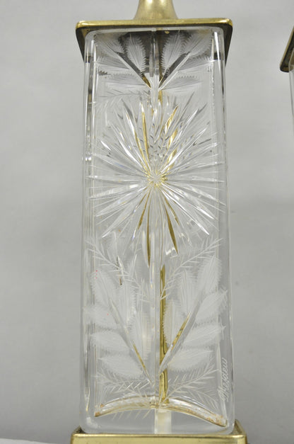 Vintage Dresden Victorian Cut Crystal Glass Flower Brass Table Lamps - a Pair
