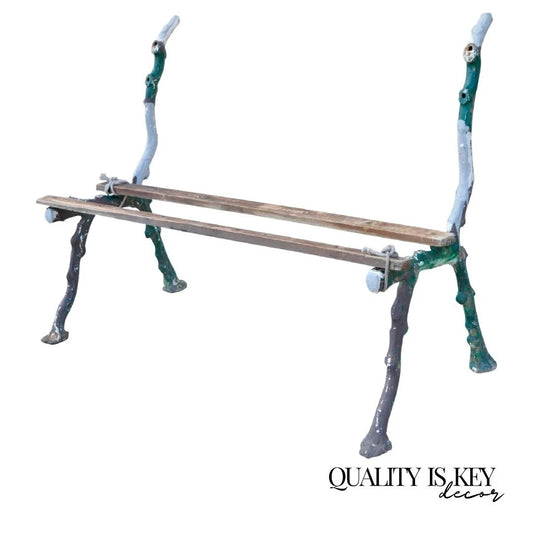 Antique Victorian Cast Iron Faux Bois Green Branch Twig Garden Bench Legs - Pair