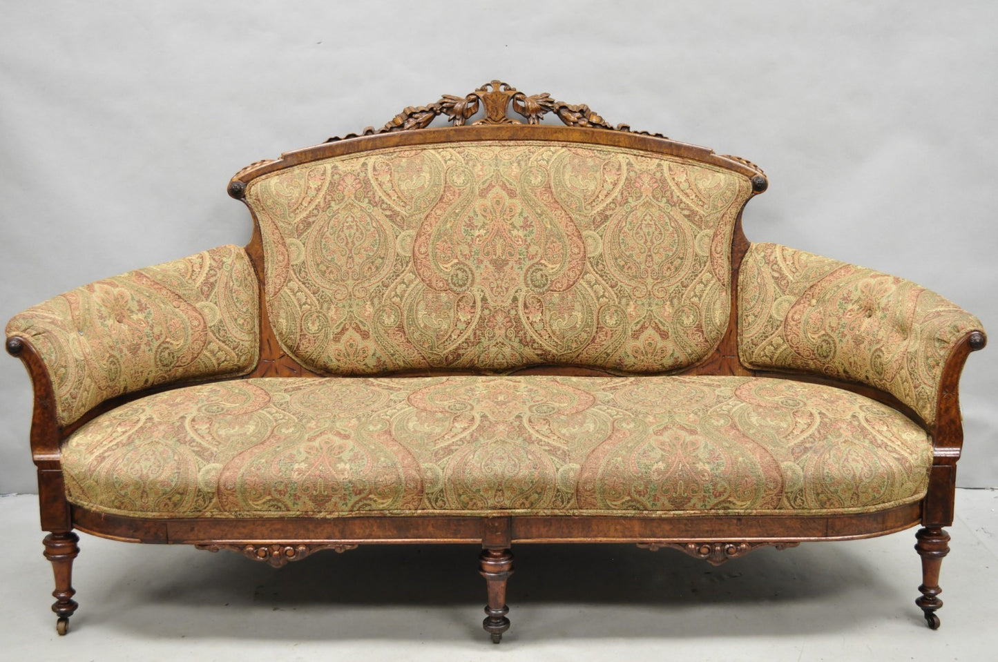 Antique Eastlake Victorian Carved Burl Walnut Parlor Set Sofa & 2 Chairs - 3 Pcs