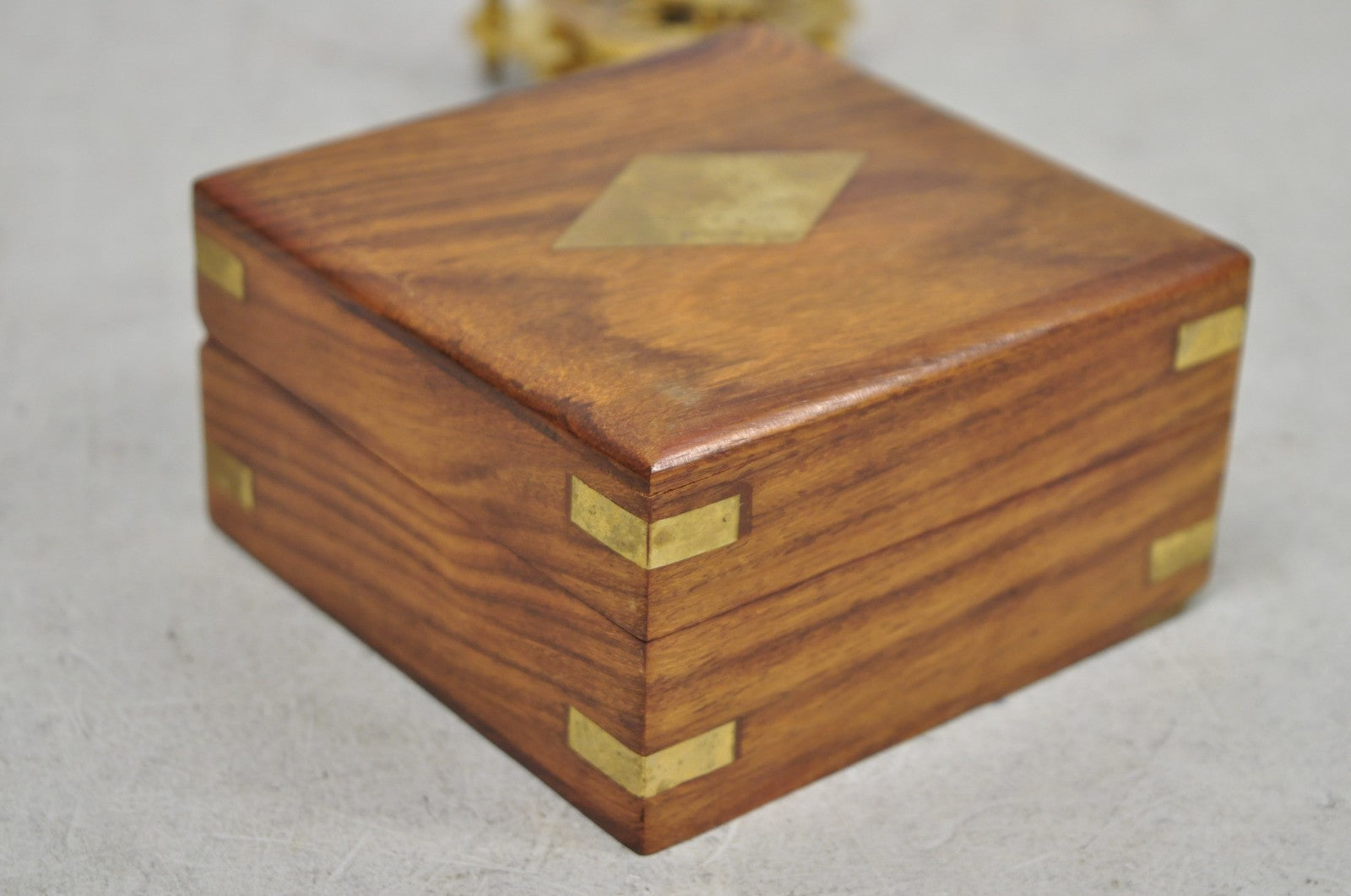 Vintage English Campaign Brass Round Sundial Compass with Small Rosewood Box