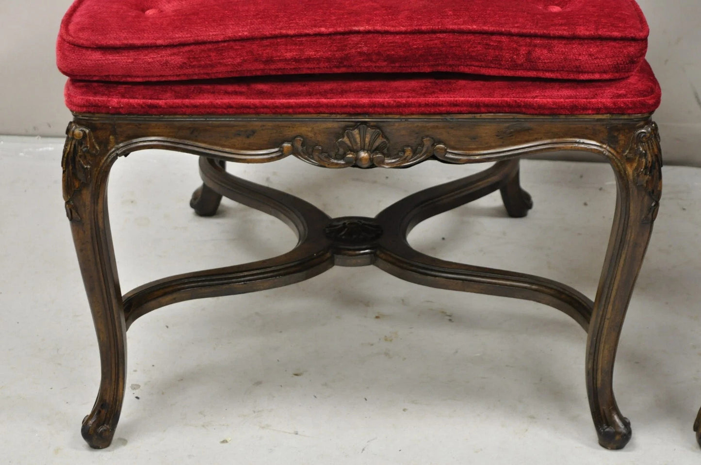 Vintage Italian Regency Style Carved Walnut Red Fabric Dining Chairs - Set of 6