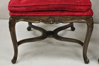 Vintage Italian Regency Style Carved Walnut Red Fabric Dining Chairs - Set of 6