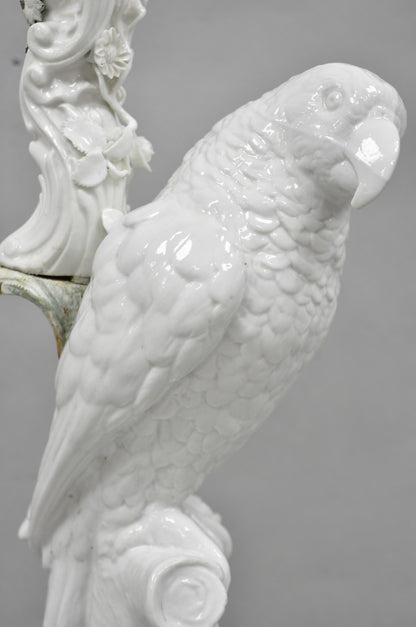 Antique Italian Blanc de Chine White Porcelain Perched Parrot Bird Table Lamp