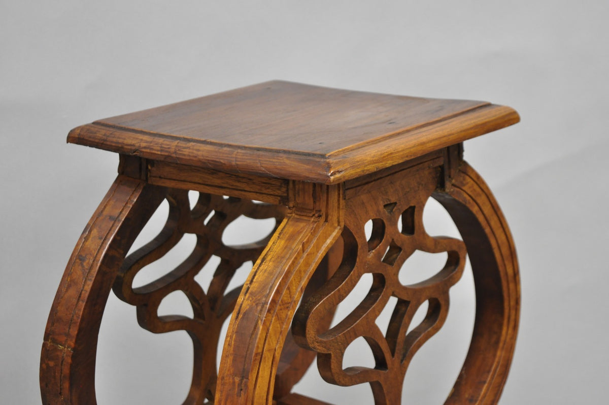 Vintage French Art Nouveau Style Carved Teak Pedestal Plant Stand Side Table