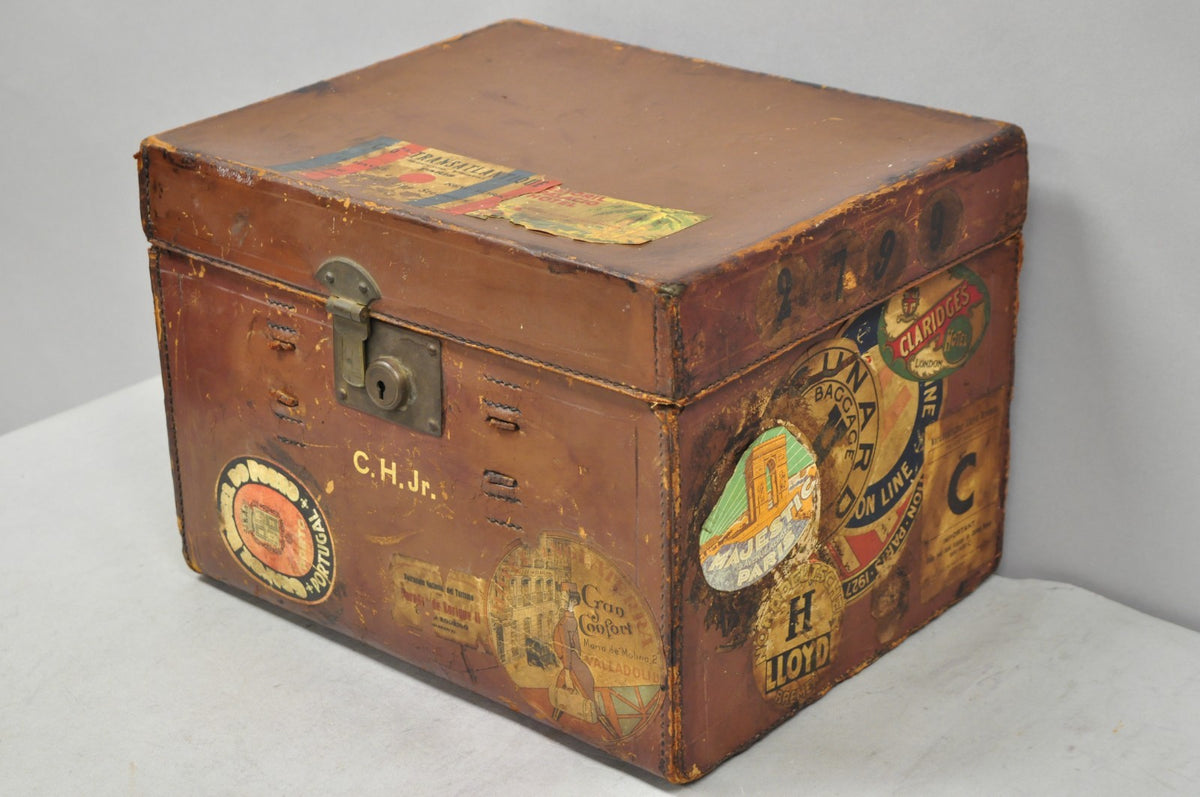 English Art Deco Brown Leather Travel Case Suitcase w/ Cunard Stickers & Top Hat