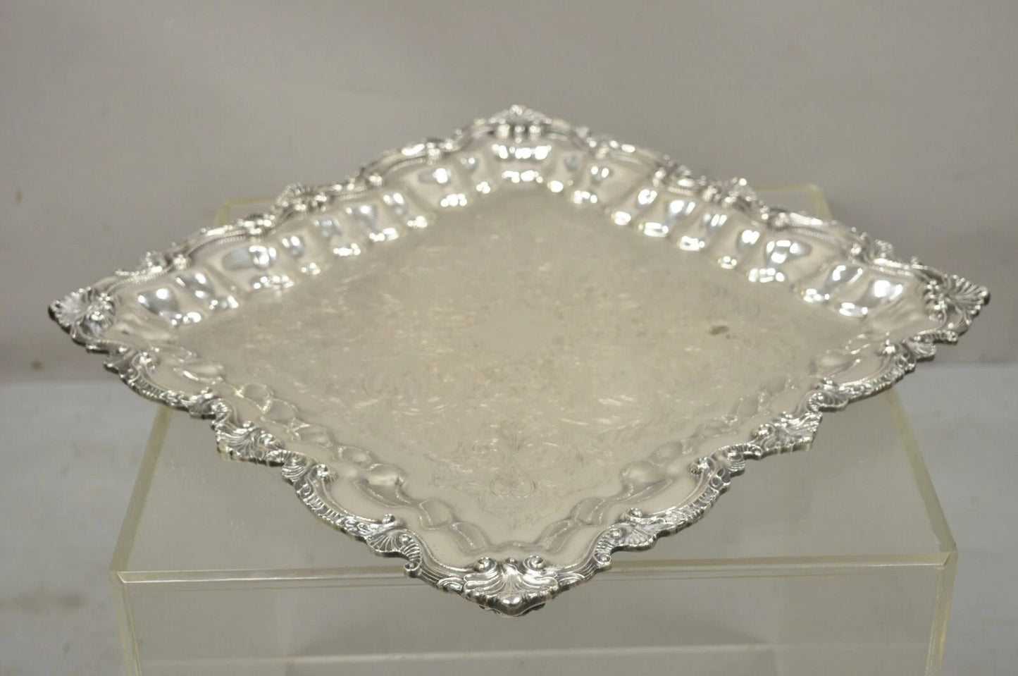 Vintage Chippendale by Wallace Silver Plated 16" Square Bar Platter Tray on Feet
