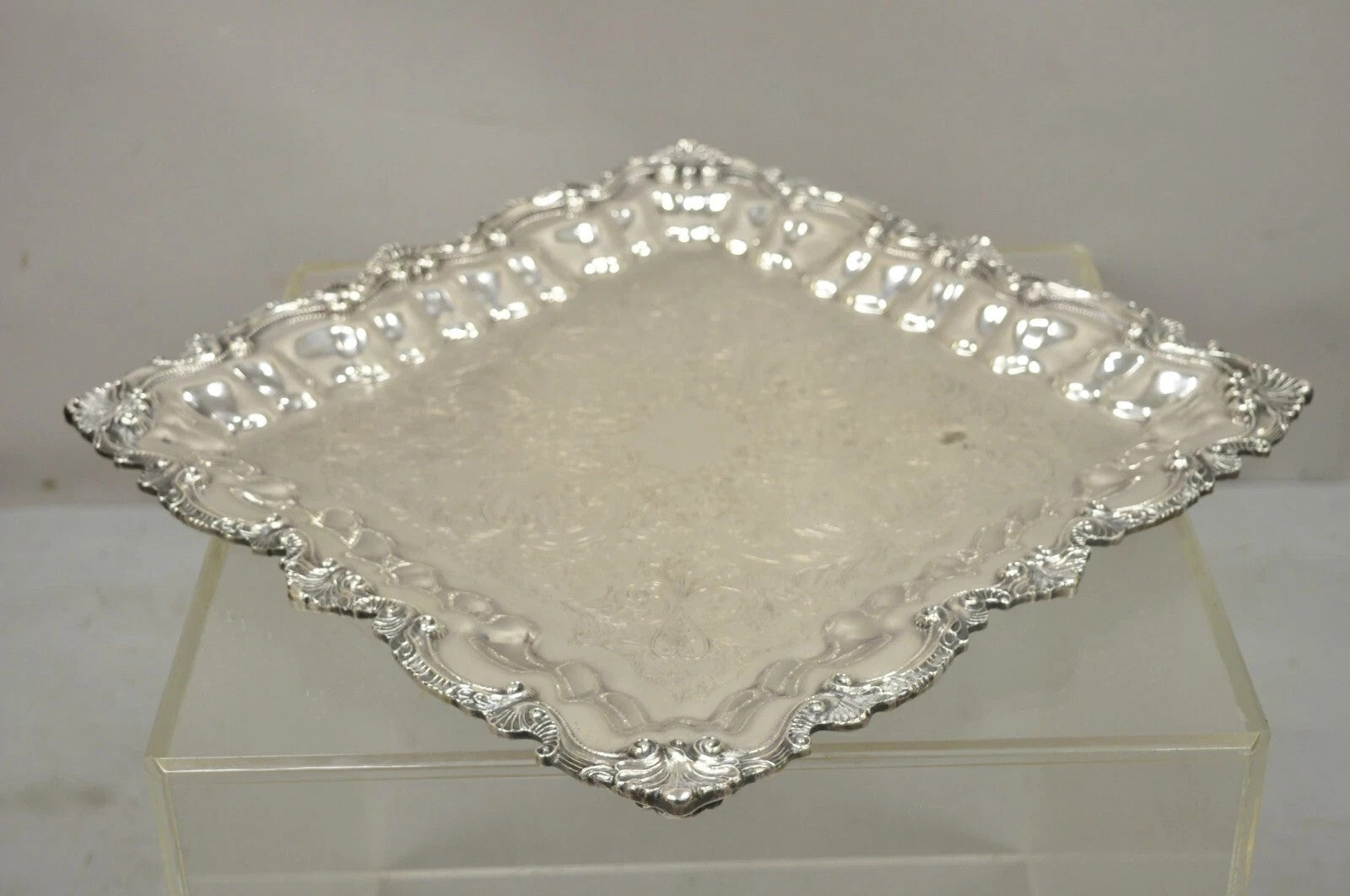 Vintage Chippendale by Wallace Silver Plated 16" Square Bar Platter Tray on Feet
