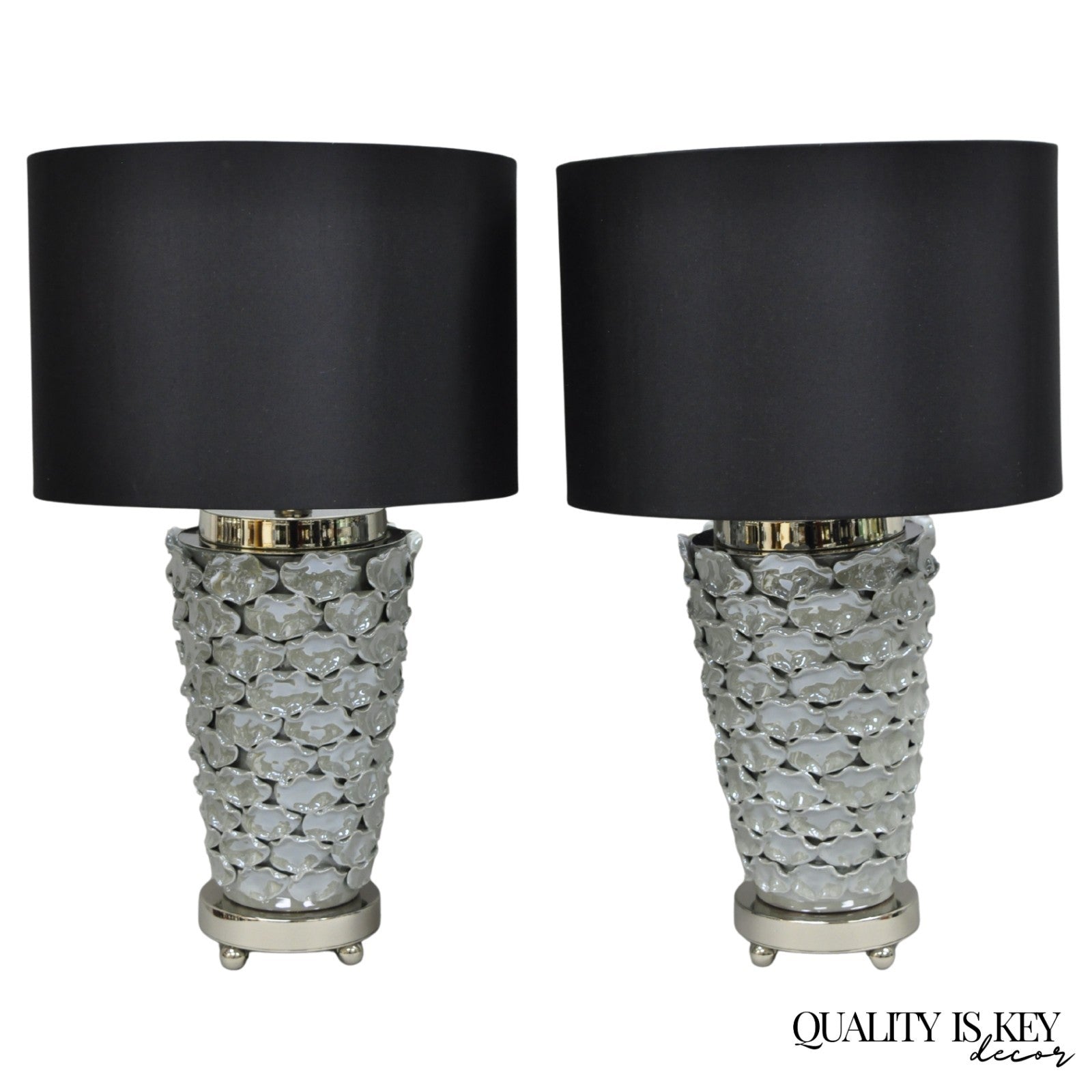 Contemporary Modern Gray Porcelain Leaf Leaves Chrome Table Lamps - a Pair