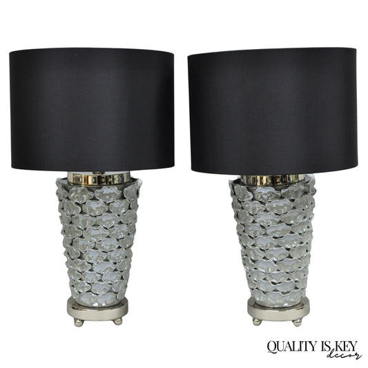Contemporary Modern Gray Porcelain Leaf Leaves Chrome Table Lamps - a Pair