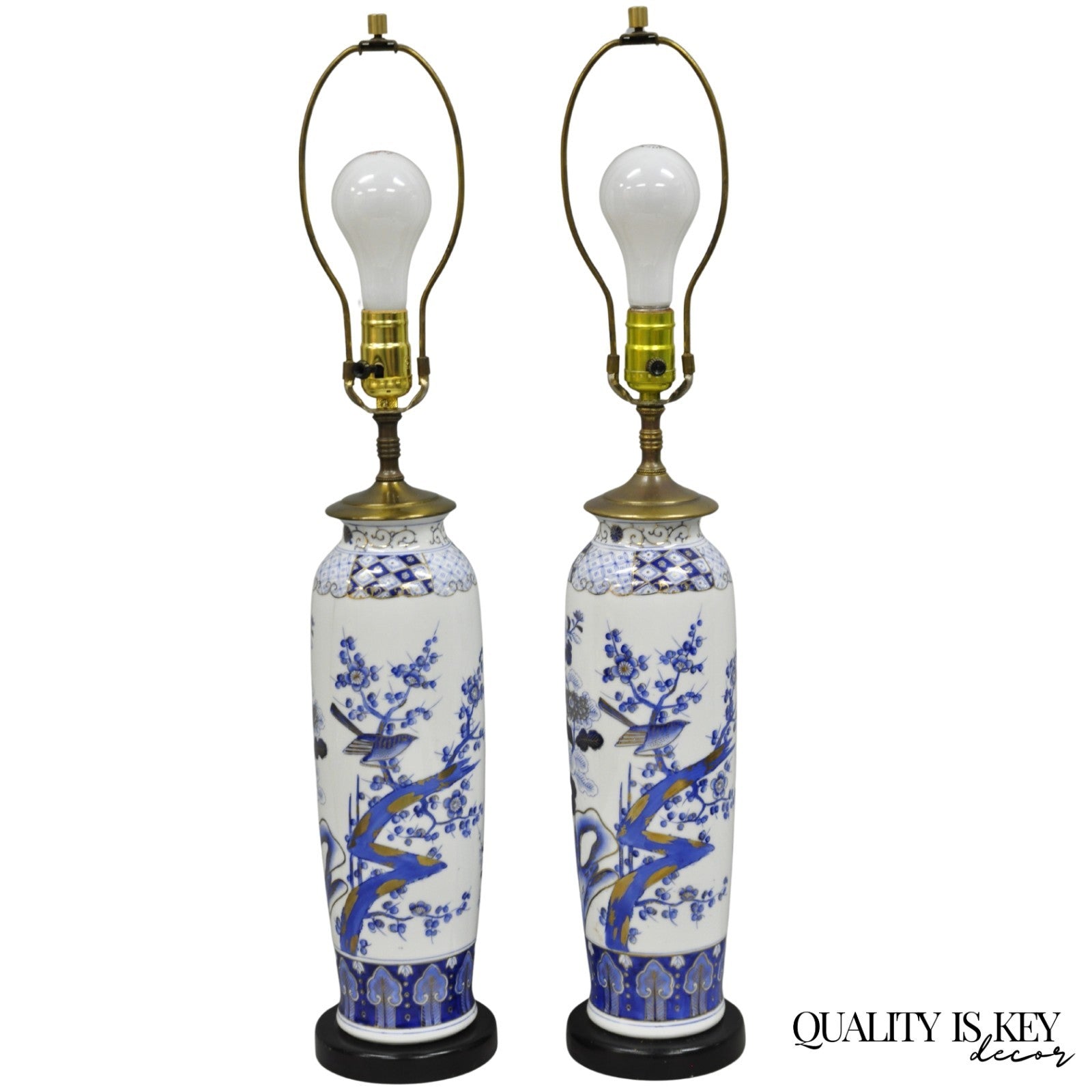 Vintage Chinoiserie Blue White Porcelain Bird & Plum Blossom Table Lamp - a Pair