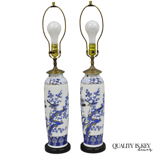 Vintage Chinoiserie Blue White Porcelain Bird & Plum Blossom Table Lamp - a Pair