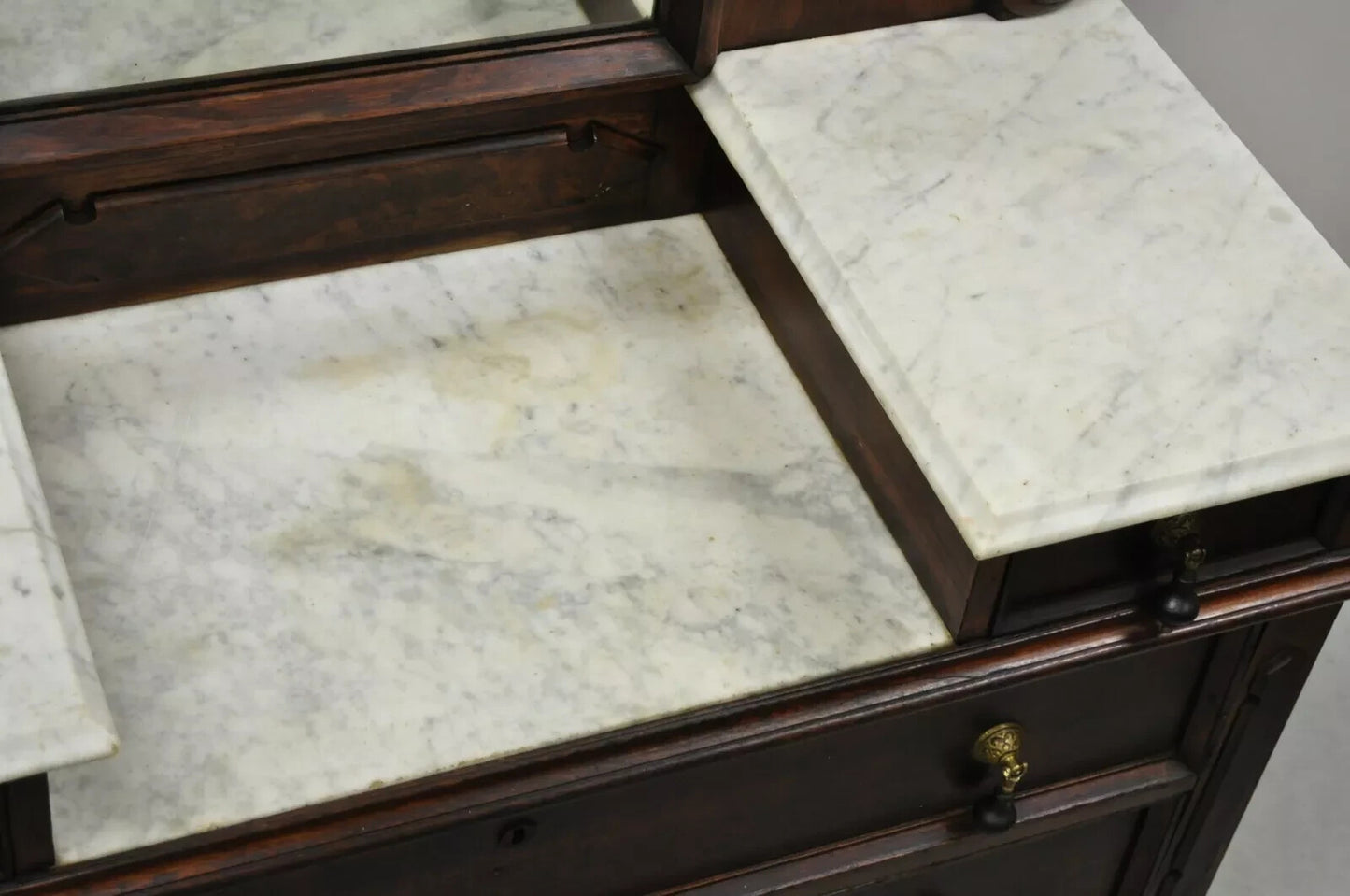 Antique Eastlake Victorian Walnut 3 Marble Tier Dresser Chest With Tall Mirror