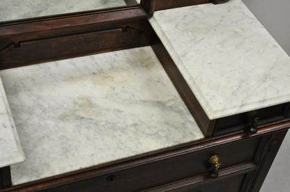 Antique Eastlake Victorian Walnut 3 Marble Tier Dresser Chest With Tall Mirror