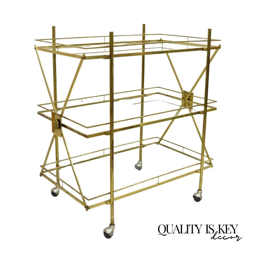 Mid Century Italian Modern 3 Tier Brass & Glass X-Frame Rolling Bar Cart Table