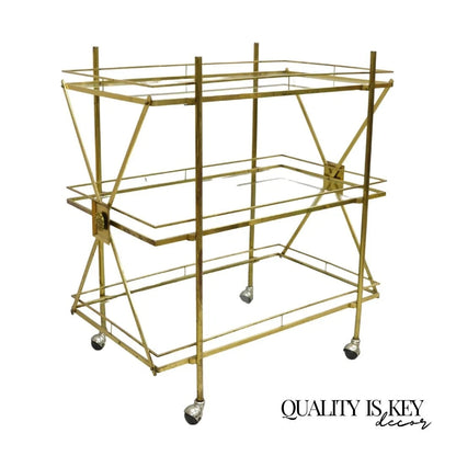 Mid Century Italian Modern 3 Tier Brass & Glass X-Frame Rolling Bar Cart Table
