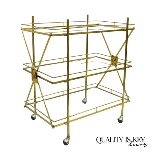 Mid Century Italian Modern 3 Tier Brass & Glass X-Frame Rolling Bar Cart Table